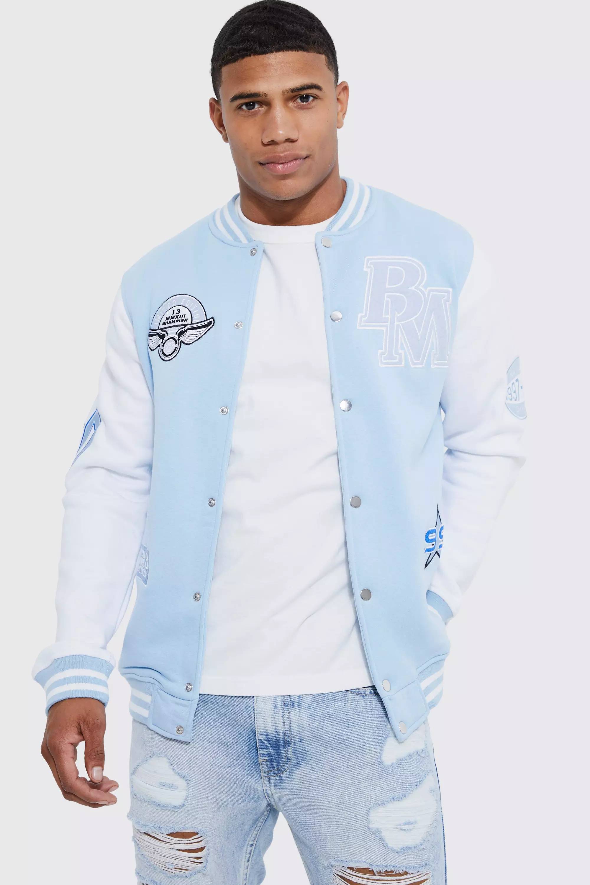 Members Club Applique Varsity Jacket boohooMAN IE